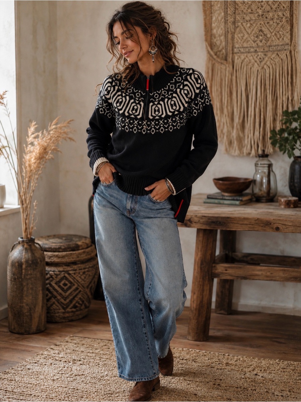 Talbots Black and Cream Patterned Zip-Neck Sweater